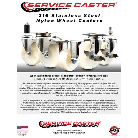 Service Caster 4 Inch 316SS Nylon Wheel Swivel Top Plate Caster Set Total Lock Brake SCC SCC-SS316TTL20S414-NYS-4